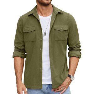 Men's Olive Green Button Down Waffle Shirt Jacket Casual Long Sleeve Shacket